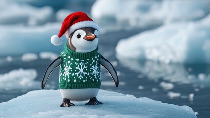 Obraz premium Festive Penguin in Santa Hat and Sweater on Arctic Ice Floe: Perfect Poster for Sports-Themed Interior Decor!