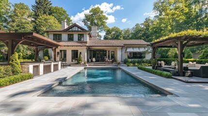 Fototapeta premium A spacious backyard with a swimming pool, a patio with a pergola, and a grill.
