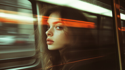 Urban Banner with Copy Space Featuring Beautiful Woman Through Moving Subway Window