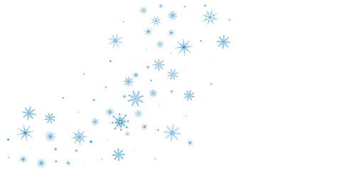 Snowflakes. Snow, snowfall. Falling scattered blue snowflakes on a white background.