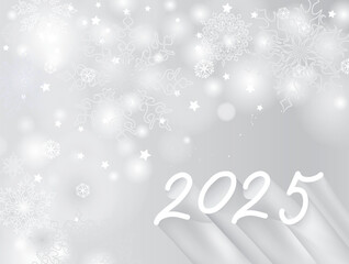 Happy New Year holiday blur background with snowflakes and lettering 2025. Winter Christmas snowy greeting card. Noel holiday winter snowy background.