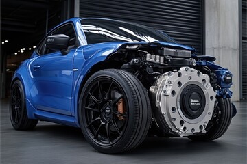 Blue Sports Car with Exposed Engine and Wheel