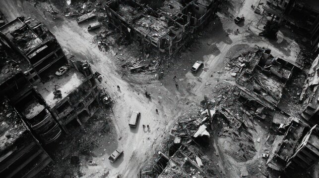 Fototapeta A high angle view of a destroyed city, showing the devastation of war. The buildings are rubble and the streets are empty.