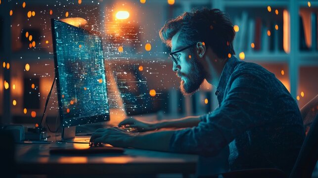 Focused man working at computer in a glowing office