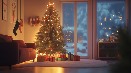 Cozy Christmas Living Room with Decorated Tree and Presents at Night