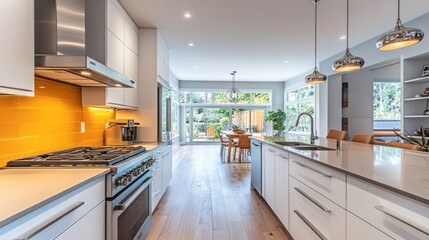 Fototapeta premium Modern Kitchen with Stainless Steel Appliances and Yellow Tile Backsplash