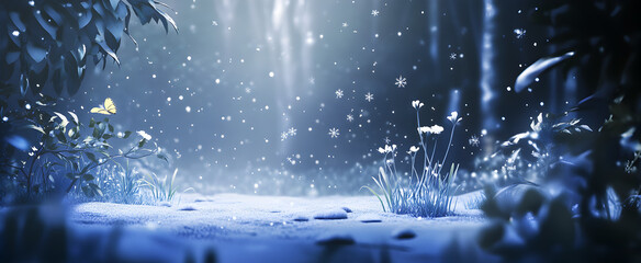 Snowy Forest with Butterfly and Falling Snow
