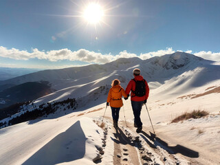 elderly people traveling in the snowy mountains