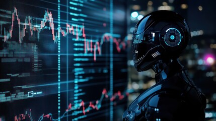 Artificial intelligence in trading with a robot silhouette and forex chart data