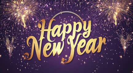 A purple background with a golden fireworks display shows in gold the text says "Happy New Year" The numbers and letters have an elegant font design Generative AI