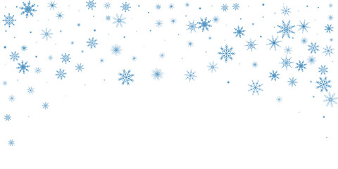 Snowflakes. Snow, snowfall. Falling scattered blue snowflakes on a white background.