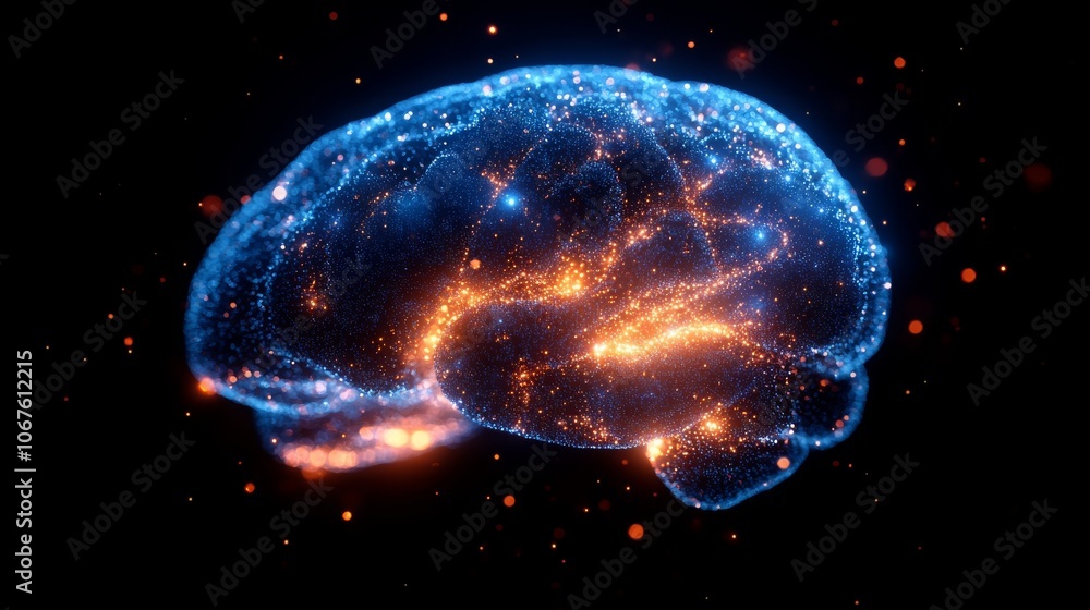 Poster glowing human brain silhouette displaying vibrant neural connections and activity in a dark setting