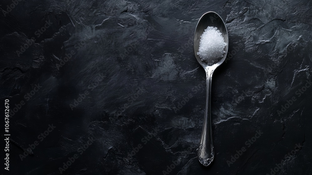 Poster overhead studio shot features a silver spoon holding white granulated sugar lying on a dark textured
