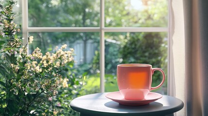 Pastel Pink Mug with Herbal Tea by Garden View, serene setting featuring a soft-colored mug on a table, complemented by a tranquil garden visible through the window