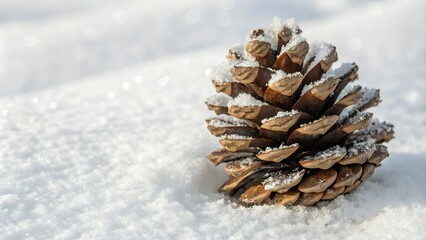 A natural pinecone dusted with snow, perfect for decoration