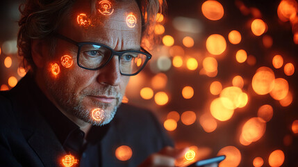 Man Analyzing Digital Orange Icons Projected on Face. AI-generated