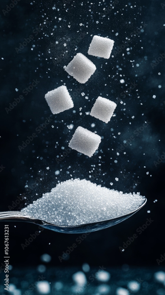 Leinwandbilder white sugar cubes falling on a spoon full of granulated sugar against a dark background, creating a 