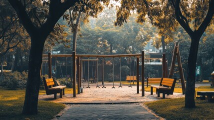 A wooden swing set stands empty in a park, with two benches flanking the set. The sun shines through the trees, casting long shadows on the ground.