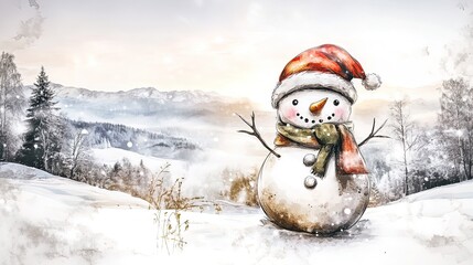 Obraz premium Cheerful Snowman in Red Santa Hat and Green Scarf: Perfect Poster for Winter Sports Decor or Holiday-Themed Room