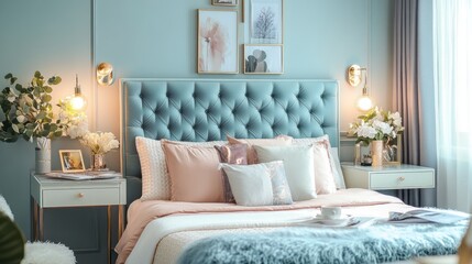A Stylish and Modern Bedroom with a Blue Headboard and Plush Bedding