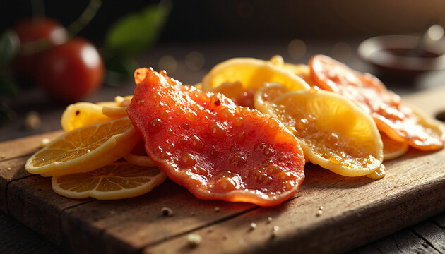 Fresh citrus slices on wooden board in warm light