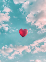 Obraz premium A heart-shaped balloon gracefully floats in a bright blue sky dotted with fluffy clouds during a sunny day