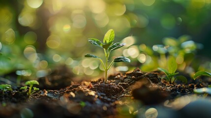 Young plant sprouting in sunlight with green background