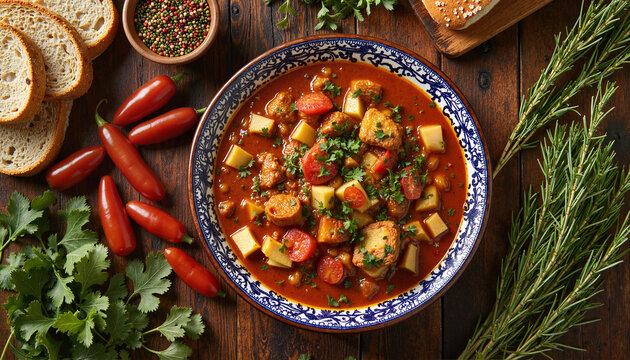Hearty vegetable soup in decorative bowl on wooden table
