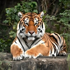 Fototapeta premium Regal Bengal Tiger Resting Amidst Greenery 