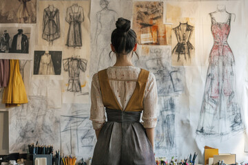 Woman stands before wall of sketches, deep in thought, one hand raised as if to touch the intricate designs.