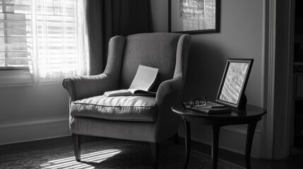 Cozy Reading Nook, inviting armchair, coffee table with line art frame, novel, reading glasses, perfect for relaxation and immersion in literature