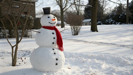 Obraz premium Snowman with scarf and top hat in snowy yard