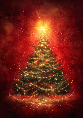 Retro Christmas card. Christmas tree on red background.