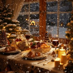 Obraz premium Festive dinner: Buddies celebrate Christmas at home amidst a snowy backdrop.