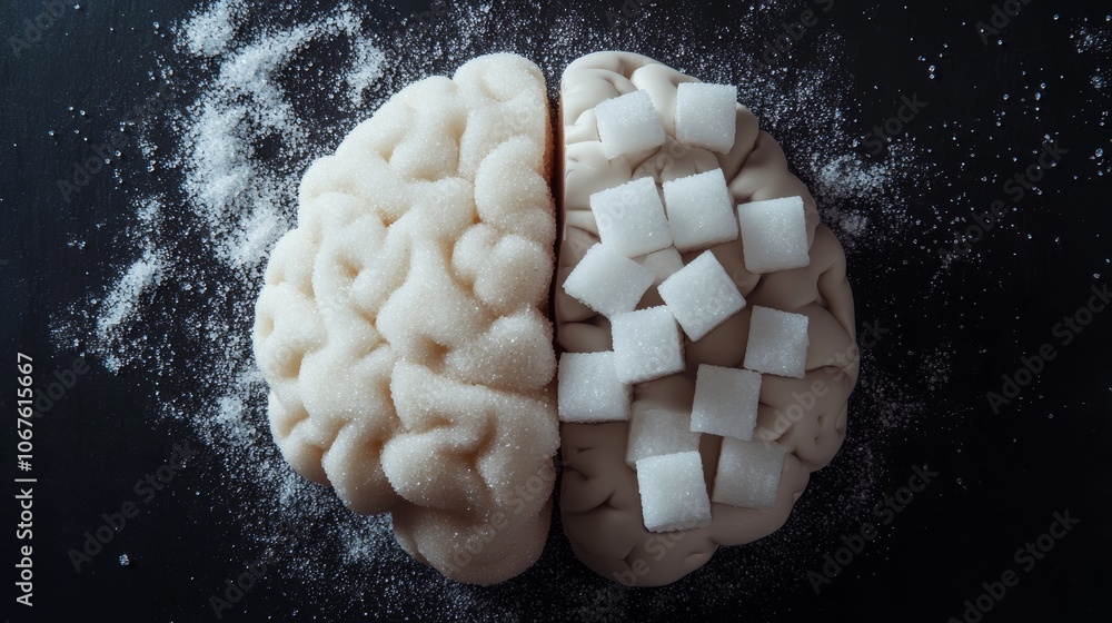 Poster brain split in two, one with sugar cubes, the other with granulated sugar, on dark background symbol