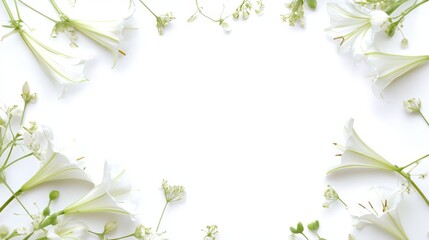 A decorative frame crafted from alfalfa and white flowers showcases a bright white backdrop, suitable for highlighting text or artistic designs