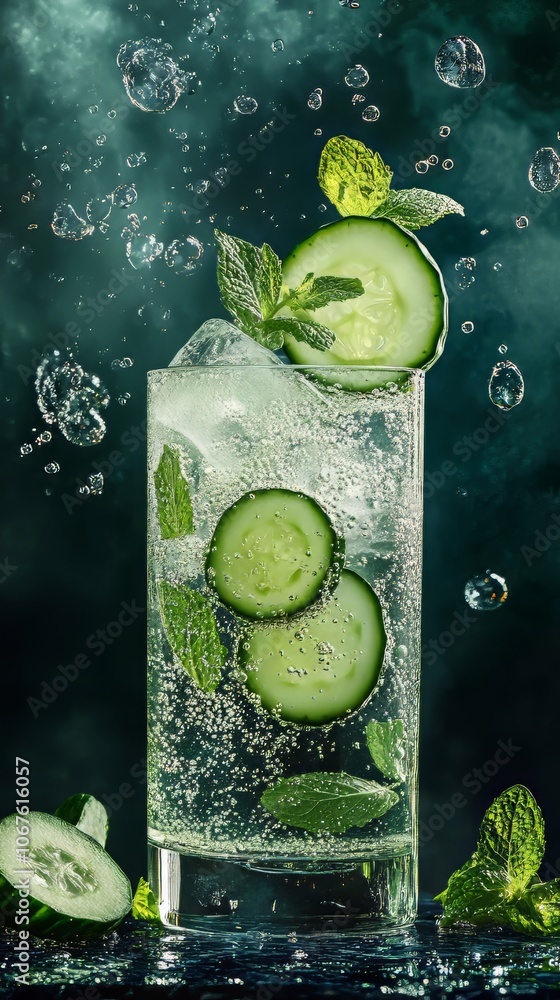Poster a refreshing cucumber collins with a cucumber slice and mint sprig, sparkling with bubbles, floating
