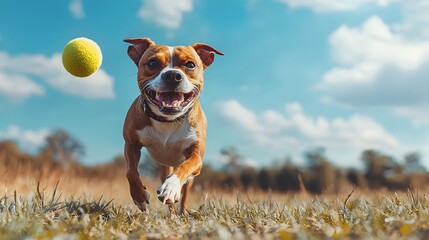 Playful american pitbull dog fetching in open field. National Fetch Day, pet playtime, exercise and training commands