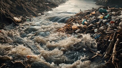 Fototapeta premium A polluted river with plastic and debris flowing through it.