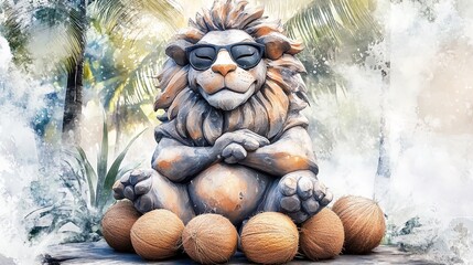 Stylish Lion Statue in Sunglasses: Perfect Poster for Sporty Interiors, Relaxing Under Palm Trees Amidst Coconuts - Add a Unique Touch to Your Decor!