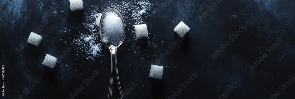 Poster vintage spoon full of granulated sugar is lying on dark background surrounded by sugar cubes, creati