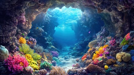 Naklejka premium A vibrant underwater cave with colorful coral reefs and sunlight streaming through the opening.