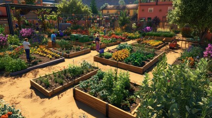 Obraz premium A community garden with raised beds, flowers, and people gardening.