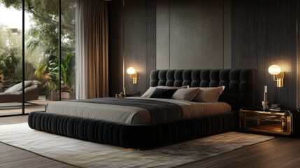 Modern Black Velvet Bed with Gold Accents in a Luxurious Bedroom