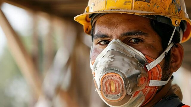 A construction worker wearing a mask to protect against inhaling harmful fumes from equipment as well as to prevent pollutants from affecting nearby wildlife.