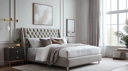 Fototapeta premium Modern Bedroom Interior with Upholstered Bed and Gold Accents