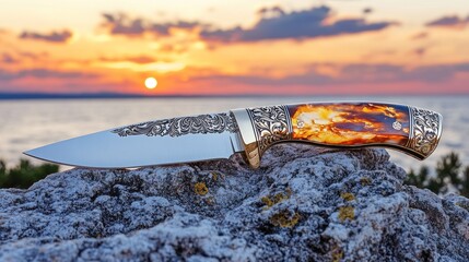 A beautifully crafted knife with a intricate design on the handle sits on a rock against a sunset sky.