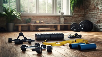 Fototapeta na wymiar Home workout essentials featuring an array of dumbbells, resistance bands, and a mat, ready for a fitness routine in a cozy indoor space.
