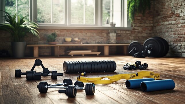 Home workout essentials featuring an array of dumbbells, resistance bands, and a mat, ready for a fitness routine in a cozy indoor space.