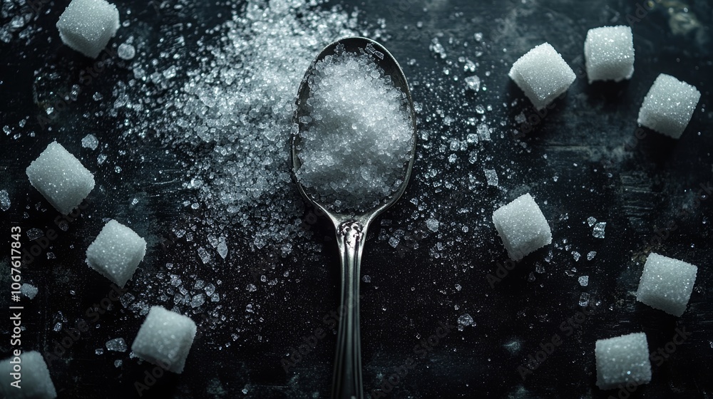 Aufkleber Granulated sugar is overflowing a vintage spoon, surrounded by several sugar cubes, creating a dramatic and visually appealing image against a dark backdrop